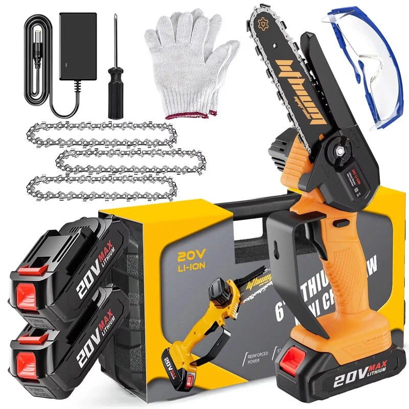 Vetoper Mini Chainsaw 6-inch with 2 Batteries Cordless Handheld Small Chain Saw for Tree Branch Wood Cutting(3 Chains)
