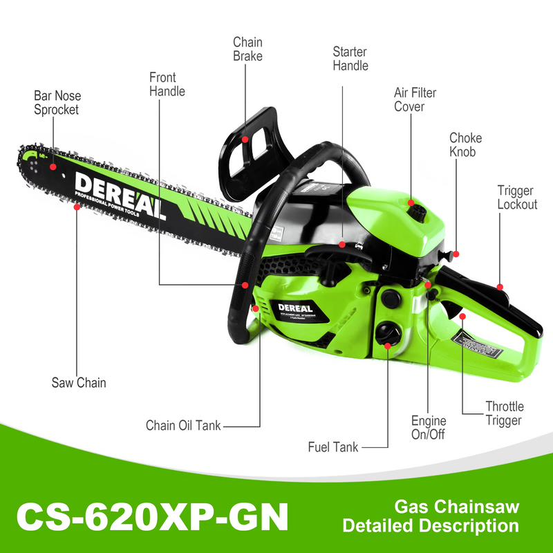 Gas Chainsaws 20 Inch Gas Powered Chainsaw 62CC CS62X-FO 2 Stroke Engine Chain Saw for Cutting Wood Outdoor Garden Farm Home