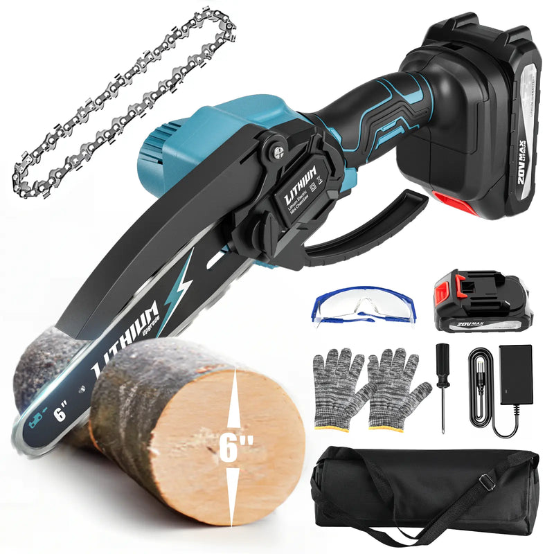 Vetoper Mini Chainsaw 2 Batteries 2 Chains, Portable Electric Chainsaws 6-inch Cordless Handheld Chain Saw, Pruning Shears Chain Saws for Tree Branches, Courtyard, Household and Garden Blue