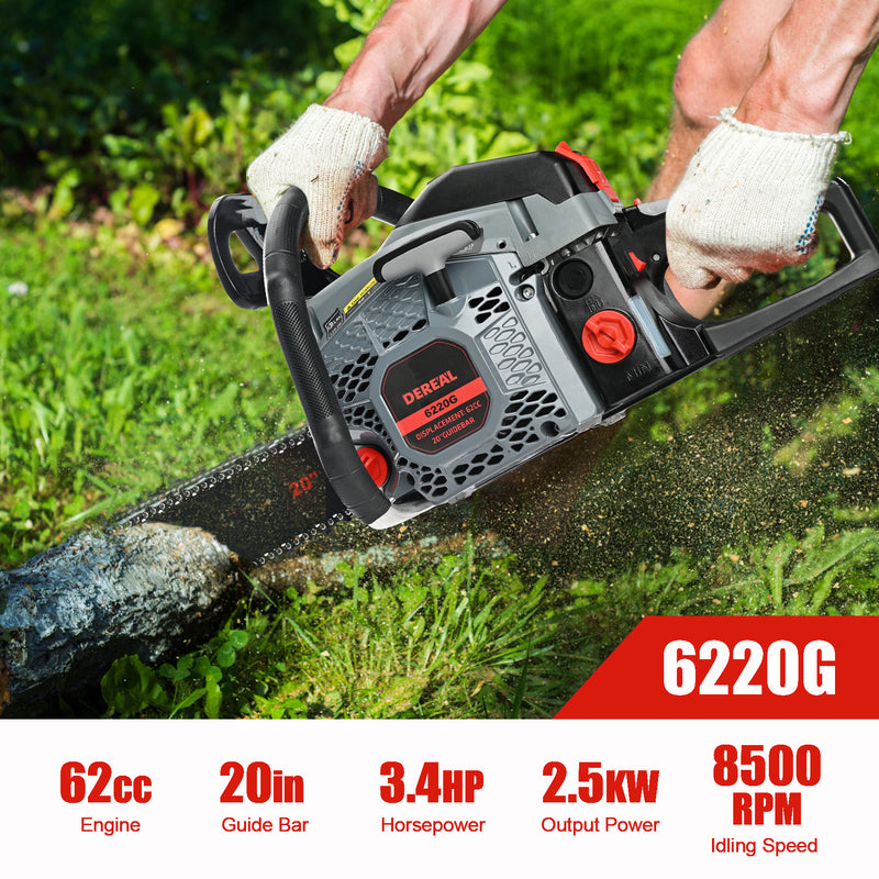 62cc Gas Chainsaw with 20 Inch Bar for Firewood Cutting & Farm Work-DEREAL