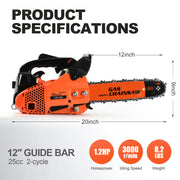 25.4cc Gas Chainsaw with 12 Inch Bar for Branch Cutting & Garden Pruning - Chainsawdeck - Chainsawdeck