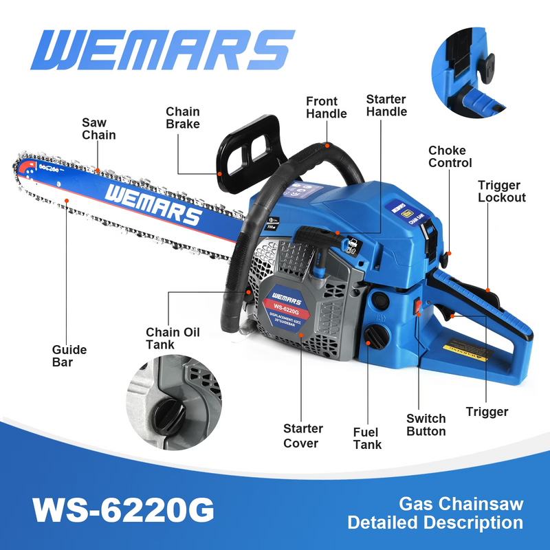 Gas Chainsaw 62CC 20in.2 Stroke Gasoline Powered Chain Saws Handheld for Home Garden 6220G Blue