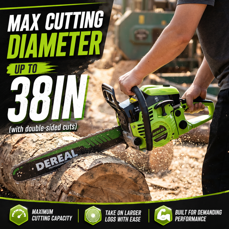 DEREAL 20" 62CC 2-Stroke Gas Chainsaw, Heavy-Duty Gas Powered Wood Cutting Saw with Automatic Oiler & Easy Start for Farm & Home Use 620XP Green