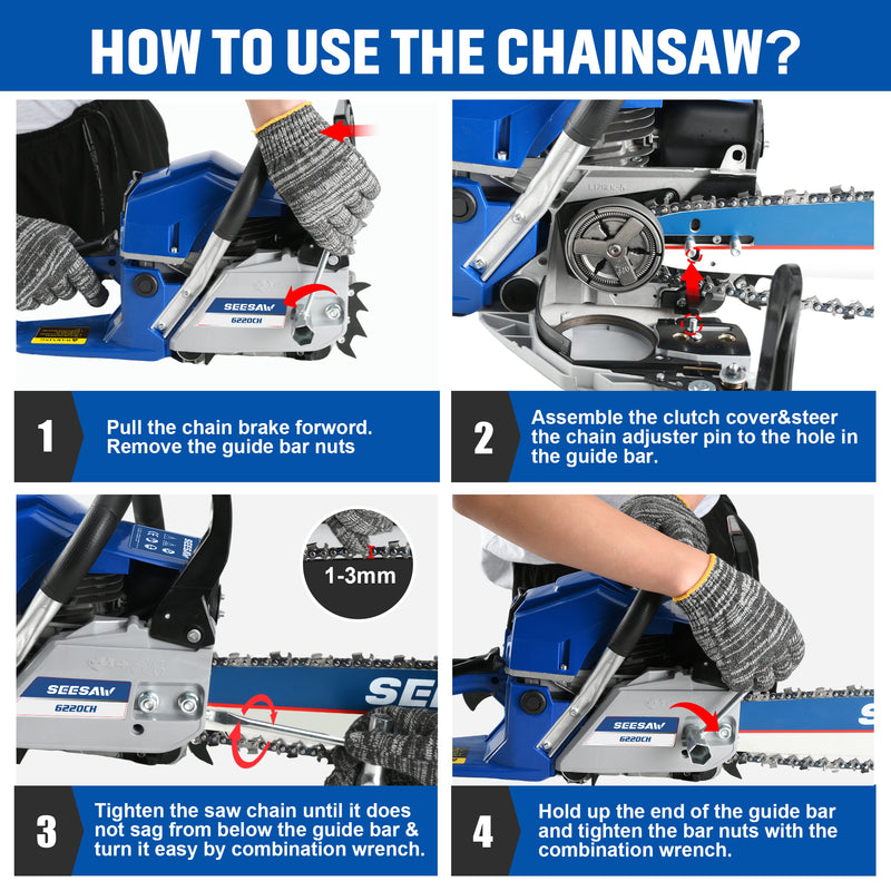 63cc Gas Chainsaw with 20 Inch Bar for Firewood & Yard Work SEESAW 6220CH