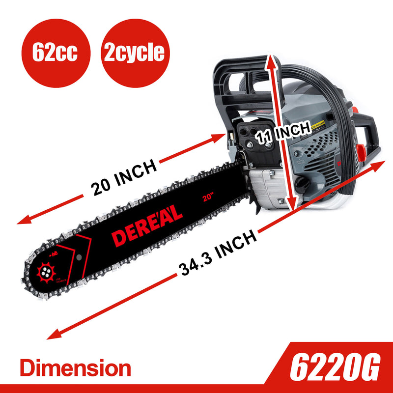 62cc Gas Chainsaw with 20 Inch Bar for Firewood Cutting & Farm Work-DEREAL