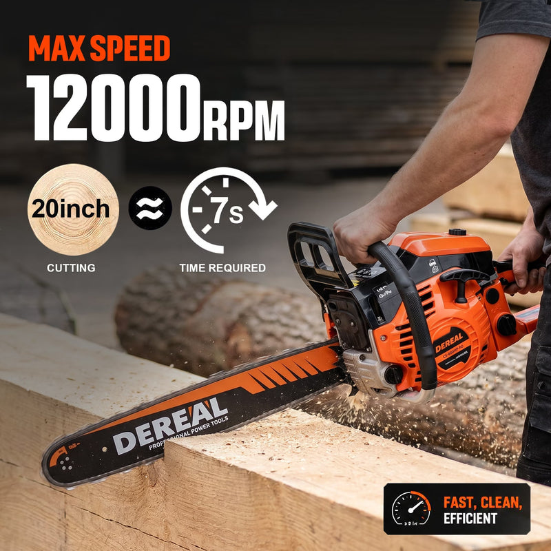 DEREAL 20" 62CC 2-Stroke Gas Chainsaw, Heavy-Duty Gas Powered Wood Cutting Saw with Automatic Oiler & Easy Start for Farm & Home Use 620XP Orange