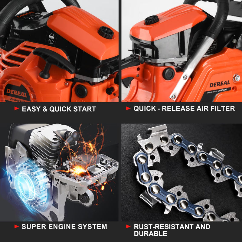 DEREAL 20" 62CC 2-Stroke Gas Chainsaw, Heavy-Duty Gas Powered Wood Cutting Saw with Automatic Oiler & Easy Start for Farm & Home Use 620XP Orange