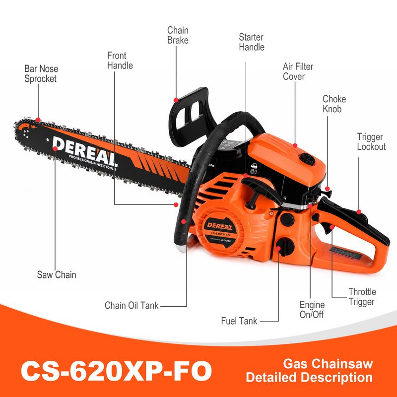 DEREAL 20" 62CC 2-Stroke Gas Chainsaw, Heavy-Duty Gas Powered Wood Cutting Saw with Automatic Oiler & Easy Start for Farm & Home Use 620XP Orange