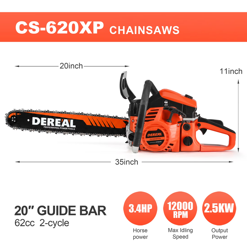 DEREAL 20" 62CC 2-Stroke Gas Chainsaw, Heavy-Duty Gas Powered Wood Cutting Saw with Automatic Oiler & Easy Start for Farm & Home Use 620XP Orange