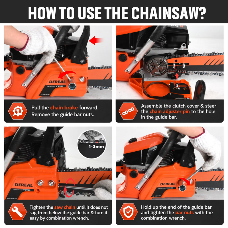 DEREAL 20" 62CC 2-Stroke Gas Chainsaw, Heavy-Duty Gas Powered Wood Cutting Saw with Automatic Oiler & Easy Start for Farm & Home Use 620XP Orange