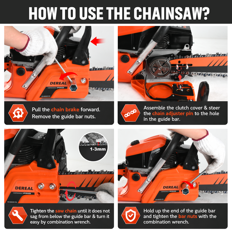 DEREAL 20" 62CC 2-Stroke Gas Chainsaw, Heavy-Duty Gas Powered Wood Cutting Saw with Automatic Oiler & Easy Start for Farm & Home Use 620XP Orange