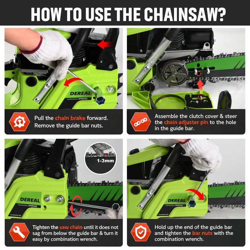 DEREAL 20" 62CC 2-Stroke Gas Chainsaw, Heavy-Duty Gas Powered Wood Cutting Saw with Automatic Oiler & Easy Start for Farm & Home Use 620XP Green