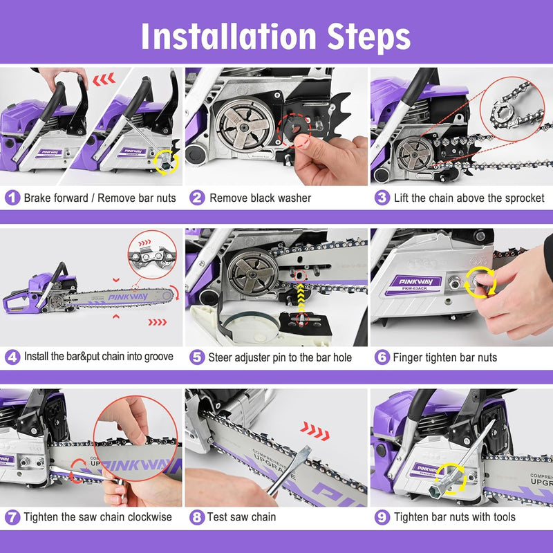 63cc Gas Chainsaw with 20 Inch Bar for Firewood Cutting & Farm Work - PINKWAY - Chainsawdeck