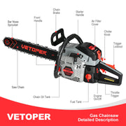 63cc Gas Chainsaw with 20 Inch Bar for Firewood Cutting & Garden Work - VETOPER - Chainsawdeck