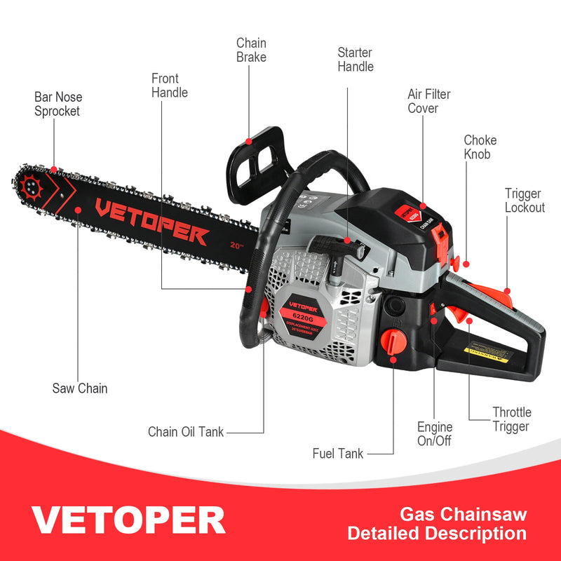 63cc Gas Chainsaw with 20 Inch Bar for Firewood Cutting & Garden Work - VETOPER - Chainsawdeck