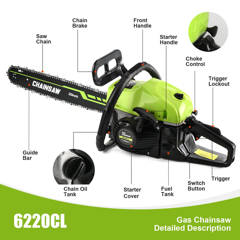 63cc Gas Chainsaw with 20 Inch Bar for Firewood Cutting & Outdoor Farm Work - SEESAW - Chainsawdeck