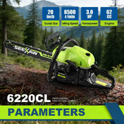 63cc Gas Chainsaw with 20 Inch Bar for Firewood Cutting & Outdoor Farm Work - SEESAW - Chainsawdeck