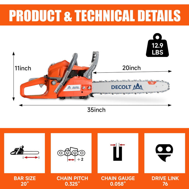 63cc Gas Chainsaw with 20 Inch Bar for Firewood Cutting & Outdoor Property Work - DECOLT - Chainsawdeck