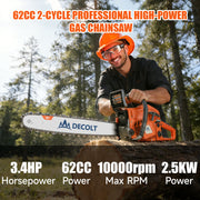 63cc Gas Chainsaw with 20 Inch Bar for Firewood Cutting & Outdoor Property Work - DECOLT - Chainsawdeck