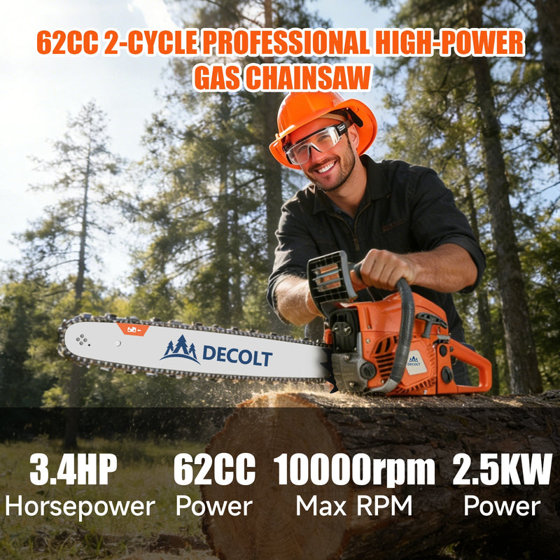 63cc Gas Chainsaw with 20 Inch Bar for Firewood Cutting & Outdoor Property Work - DECOLT - Chainsawdeck