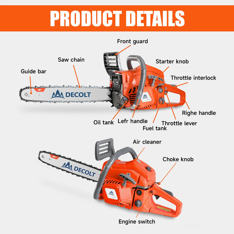 63cc Gas Chainsaw with 20 Inch Bar for Firewood Cutting & Outdoor Property Work - DECOLT - Chainsawdeck