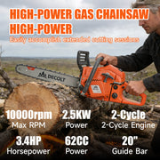 63cc Gas Chainsaw with 20 Inch Bar for Firewood Cutting & Outdoor Property Work - DECOLT - Chainsawdeck