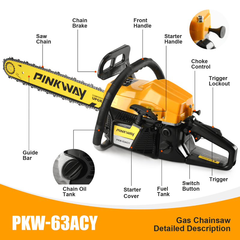 63cc Gas Chainsaw with 20 Inch Bar for Firewood Cutting & Tree Work - PINKWAY - Chainsawdeck