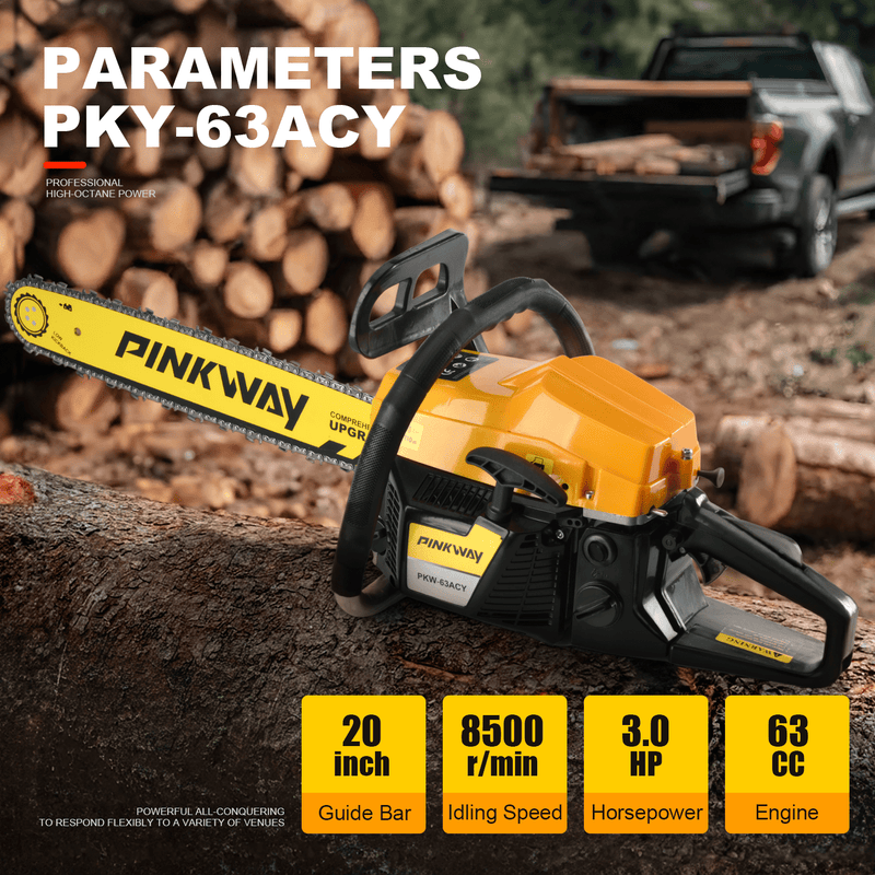 63cc Gas Chainsaw with 20 Inch Bar for Firewood Cutting & Tree Work - PINKWAY - Chainsawdeck