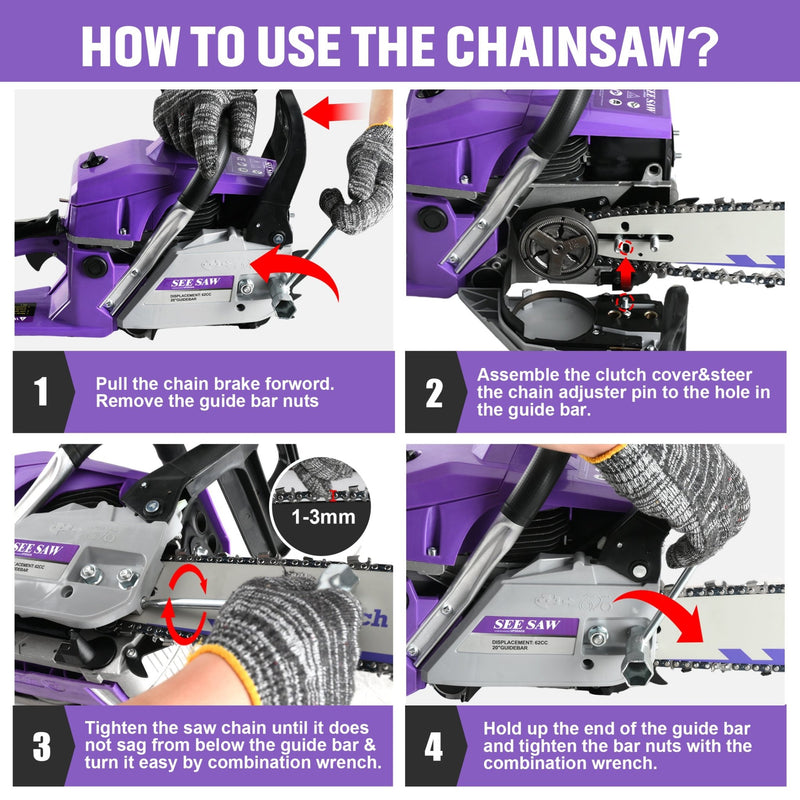 63cc Gas Chainsaw with 20 Inch Bar for Firewood Cutting & Yard Maintenance - SEESAW - Chainsawdeck