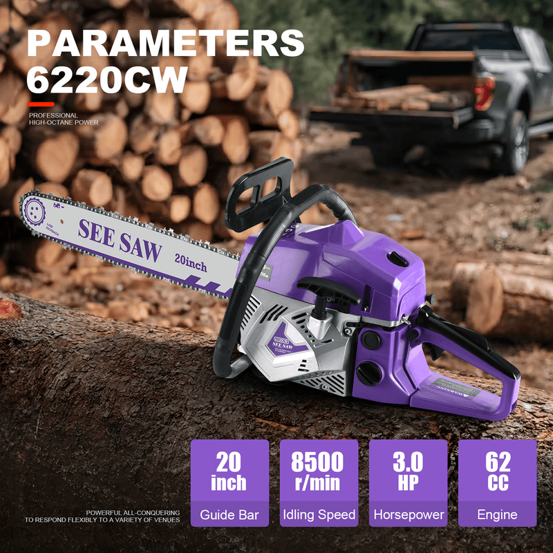 63cc Gas Chainsaw with 20 Inch Bar for Firewood Cutting & Yard Maintenance - SEESAW - Chainsawdeck