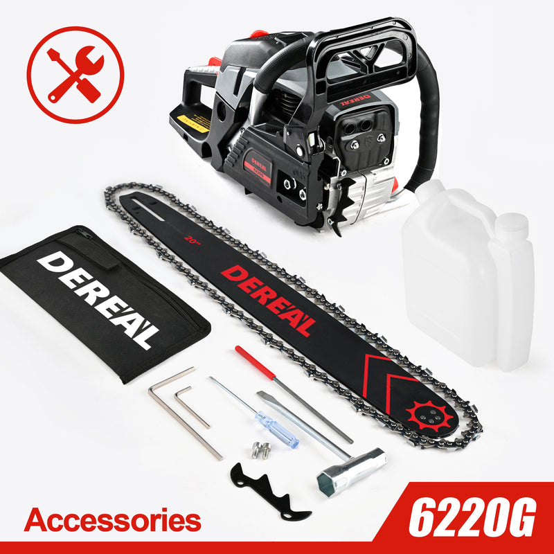 62cc Gas Chainsaw with 20 Inch Bar for Firewood Cutting & Farm Work-DEREAL