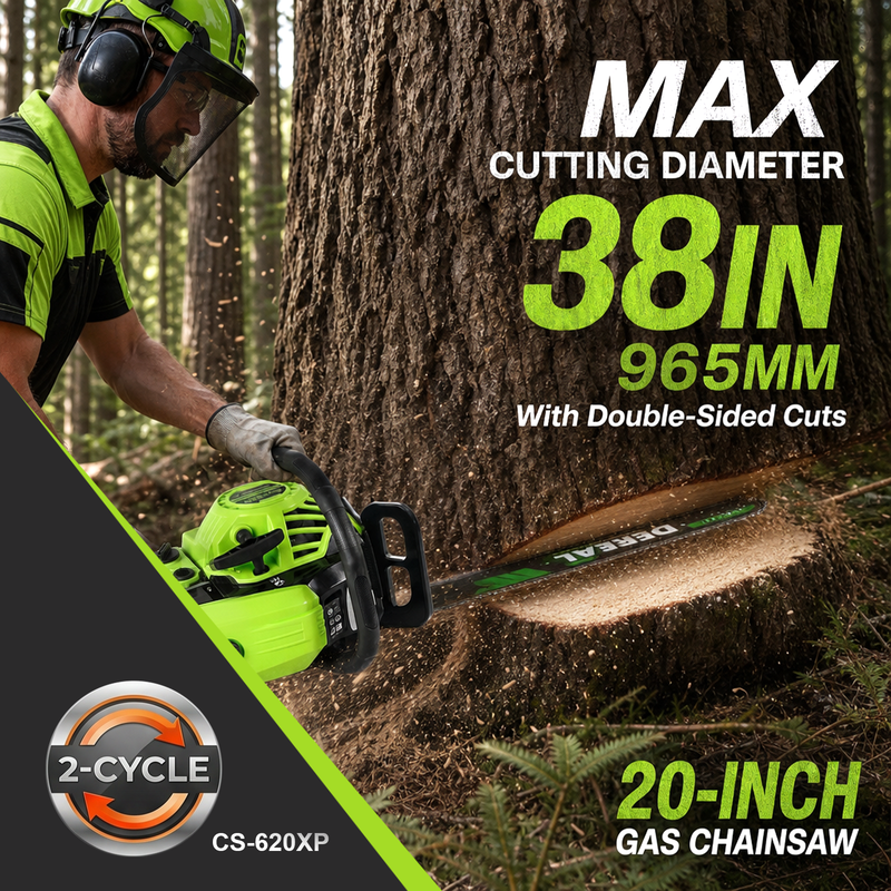 DEREAL 20" 62CC 2-Stroke Gas Chainsaw, Heavy-Duty Gas Powered Wood Cutting Saw with Automatic Oiler & Easy Start for Farm & Home Use 620XP Green