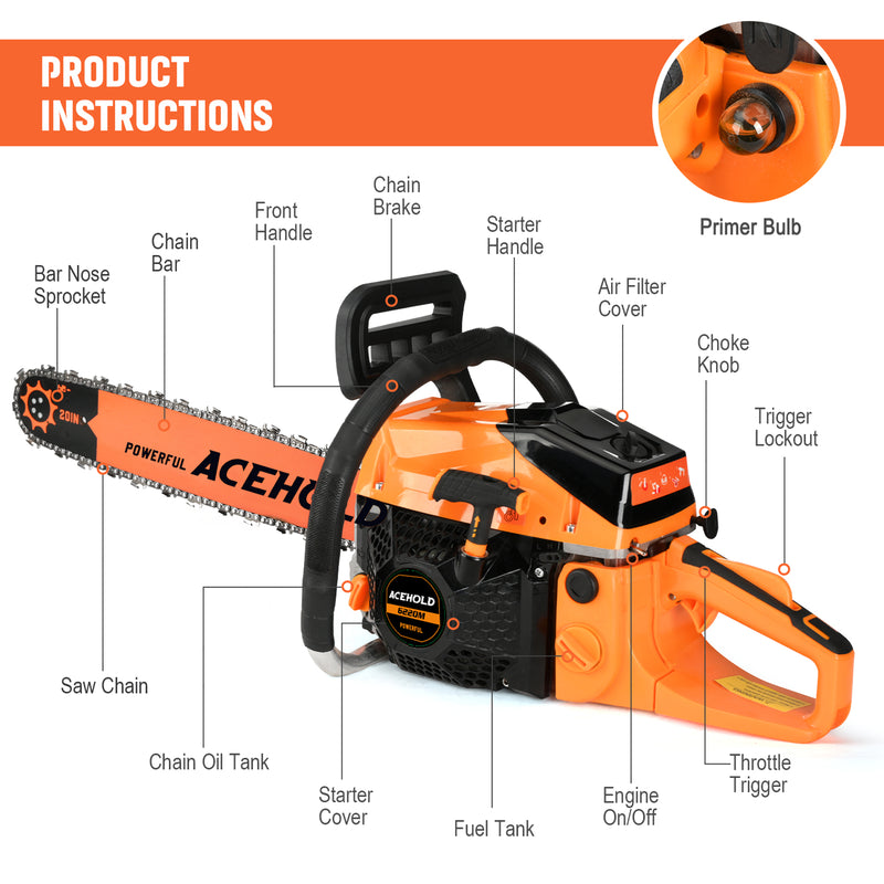 63cc Gas Chainsaw with 20 Inch Bar for Firewood Cutting & Farm Use-ACEHOLD