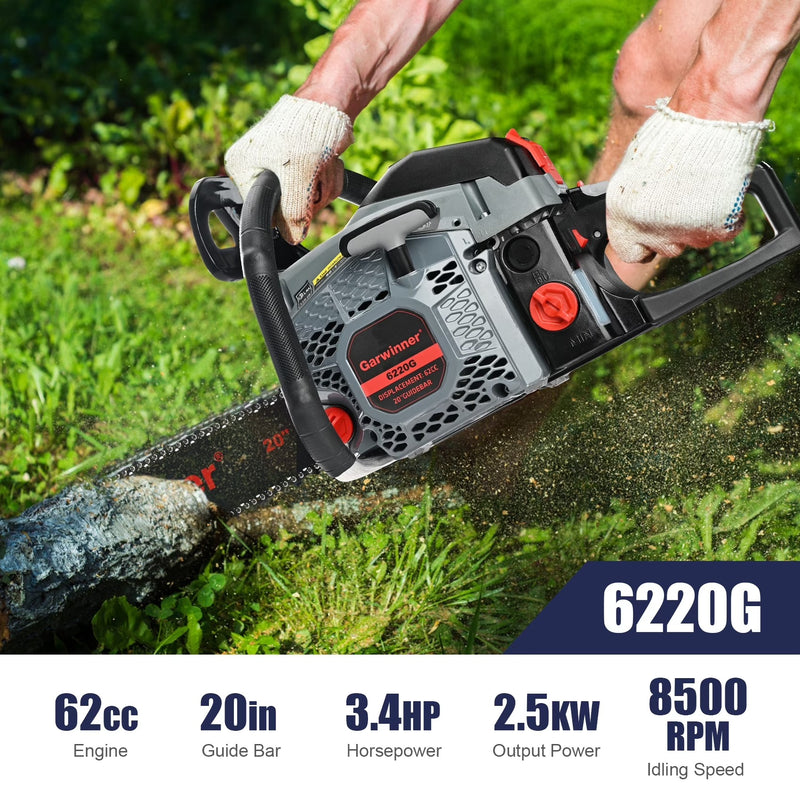 Garwinner Gas Chainsaw 20'' 2-Stroke 62CC Cordless Chainsaw 6220G for Farm, Garden, Ranch, Cutting Wood/Trees/Firewood