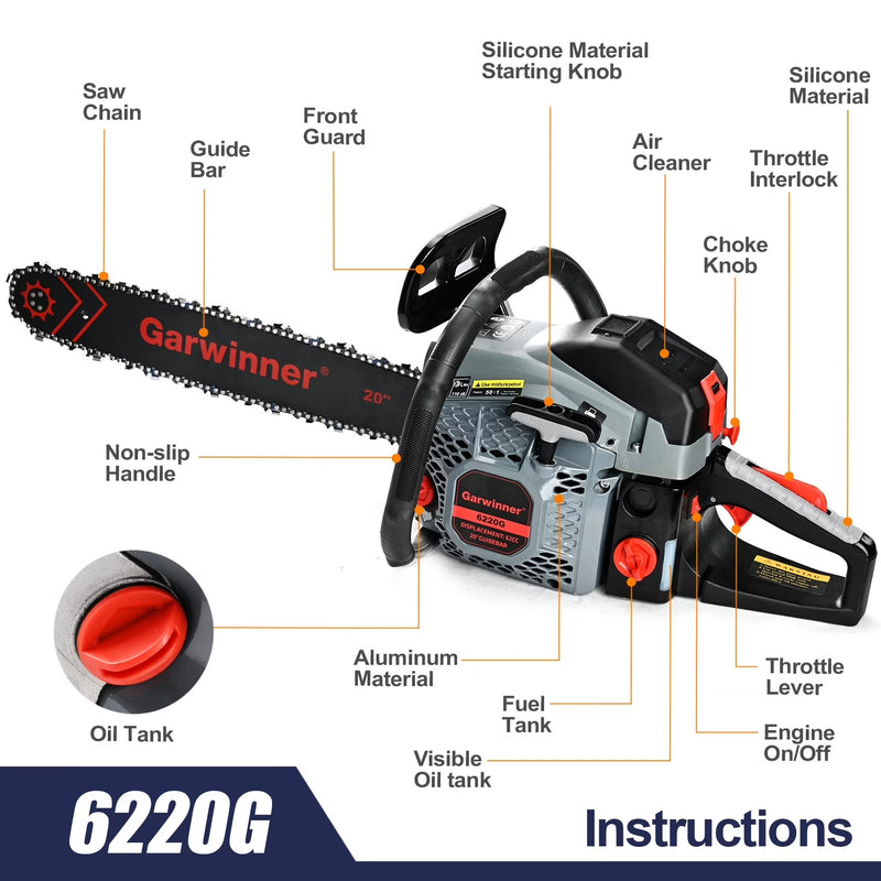 Garwinner Gas Chainsaw 20'' 2-Stroke 62CC Cordless Chainsaw 6220G for Farm, Garden, Ranch, Cutting Wood/Trees/Firewood