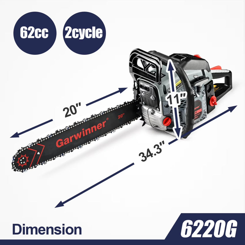 Garwinner Gas Chainsaw 20'' 2-Stroke 62CC Cordless Chainsaw 6220G for Farm, Garden, Ranch, Cutting Wood/Trees/Firewood