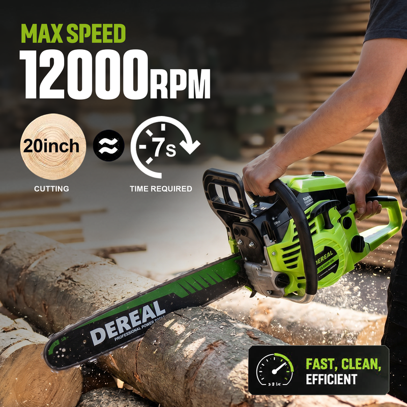DEREAL 20" 62CC 2-Stroke Gas Chainsaw, Heavy-Duty Gas Powered Wood Cutting Saw with Automatic Oiler & Easy Start for Farm & Home Use 620XP Green