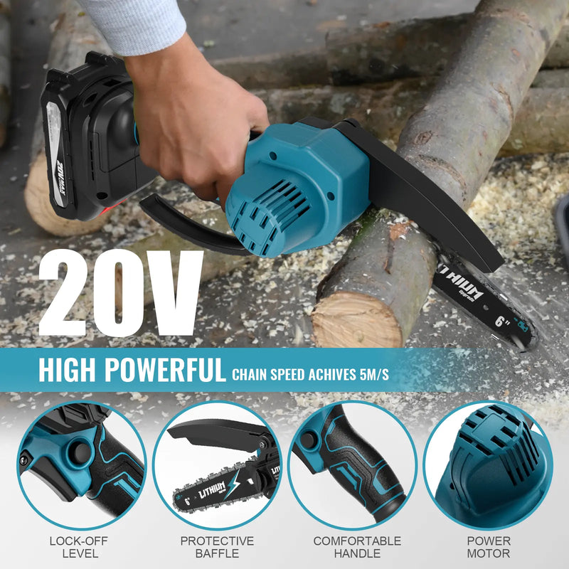 Vetoper Mini Chainsaw 2 Batteries 2 Chains, Portable Electric Chainsaws 6-inch Cordless Handheld Chain Saw, Pruning Shears Chain Saws for Tree Branches, Courtyard, Household and Garden Blue