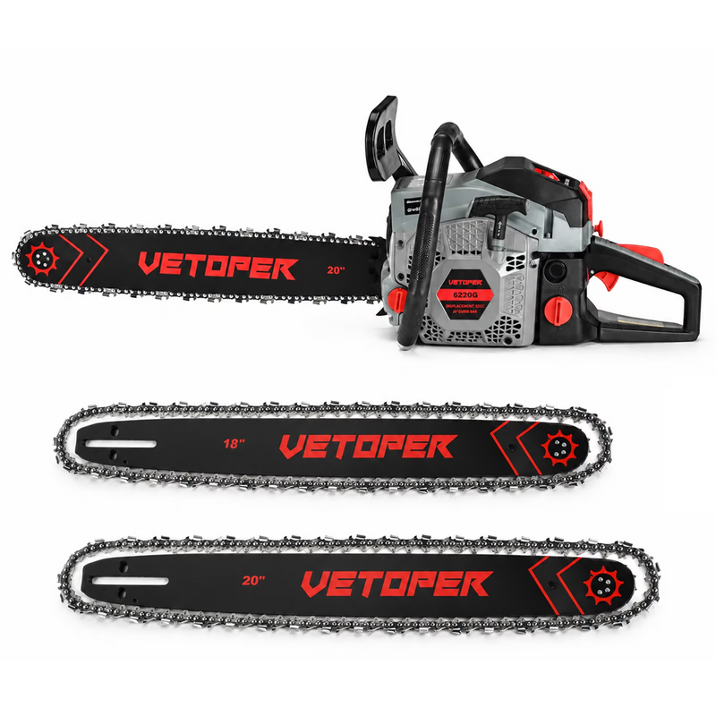 Vetoper Gas Chainsaw 62CC 2 Stroke Handed Petrol Gasoline Powered Chain Saw 6220G with Two Bars (18in+20in)