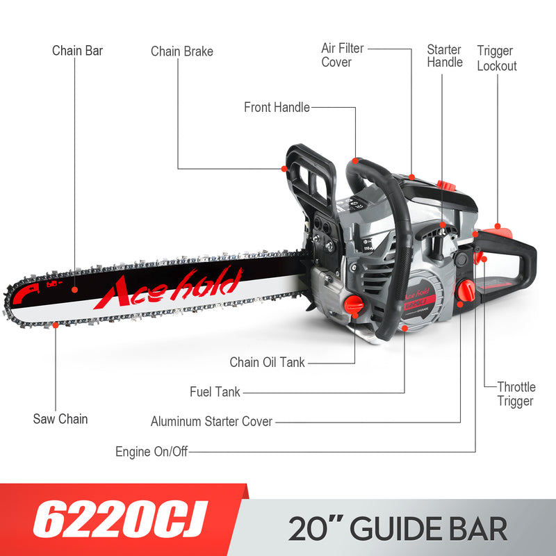 63cc Gas Chainsaw with 20 Inch Bar for Firewood Cutting & Tree Trimming-ACEHOLD
