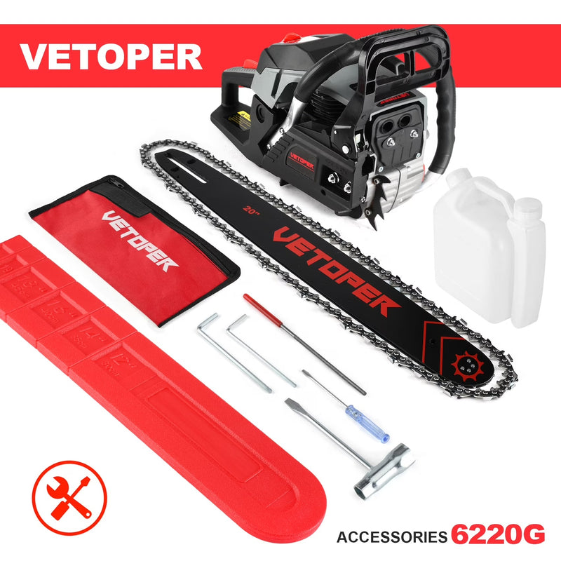 Vetoper Gas Chainsaw 20in. 3.4HP Gas Powered Chainsaw 2-Cycle Handheld Chain Saw for Garden/Patio/Farm 6220G(Two Chains)