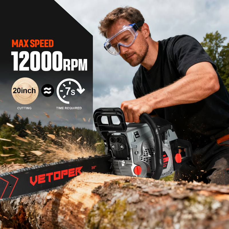 Vetoper Gas Chainsaw 20in. 3.4HP Gas Powered Chainsaw 2-Cycle Handheld Chain Saw for Garden/Patio/Farm 6220G(Two Chains)