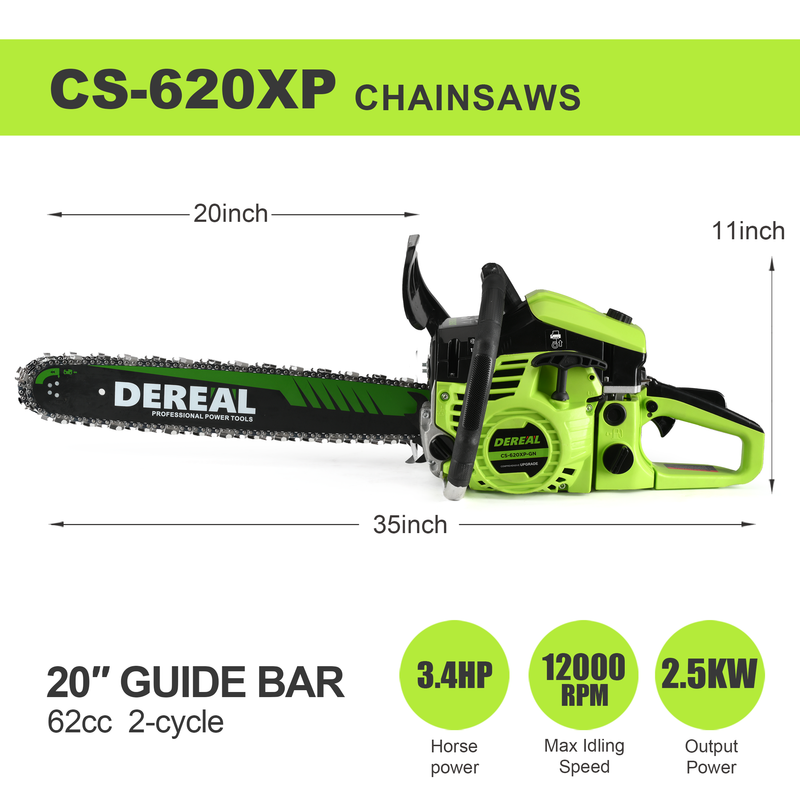DEREAL 20" 62CC 2-Stroke Gas Chainsaw, Heavy-Duty Gas Powered Wood Cutting Saw with Automatic Oiler & Easy Start for Farm & Home Use 620XP Green